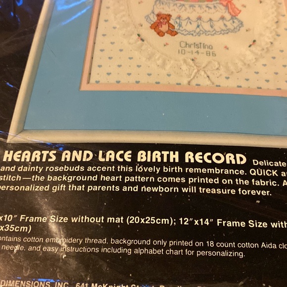 Vintage new but open DIMENSION Counted cross stitch hearts and lace birth record - Picture 6 of 9
